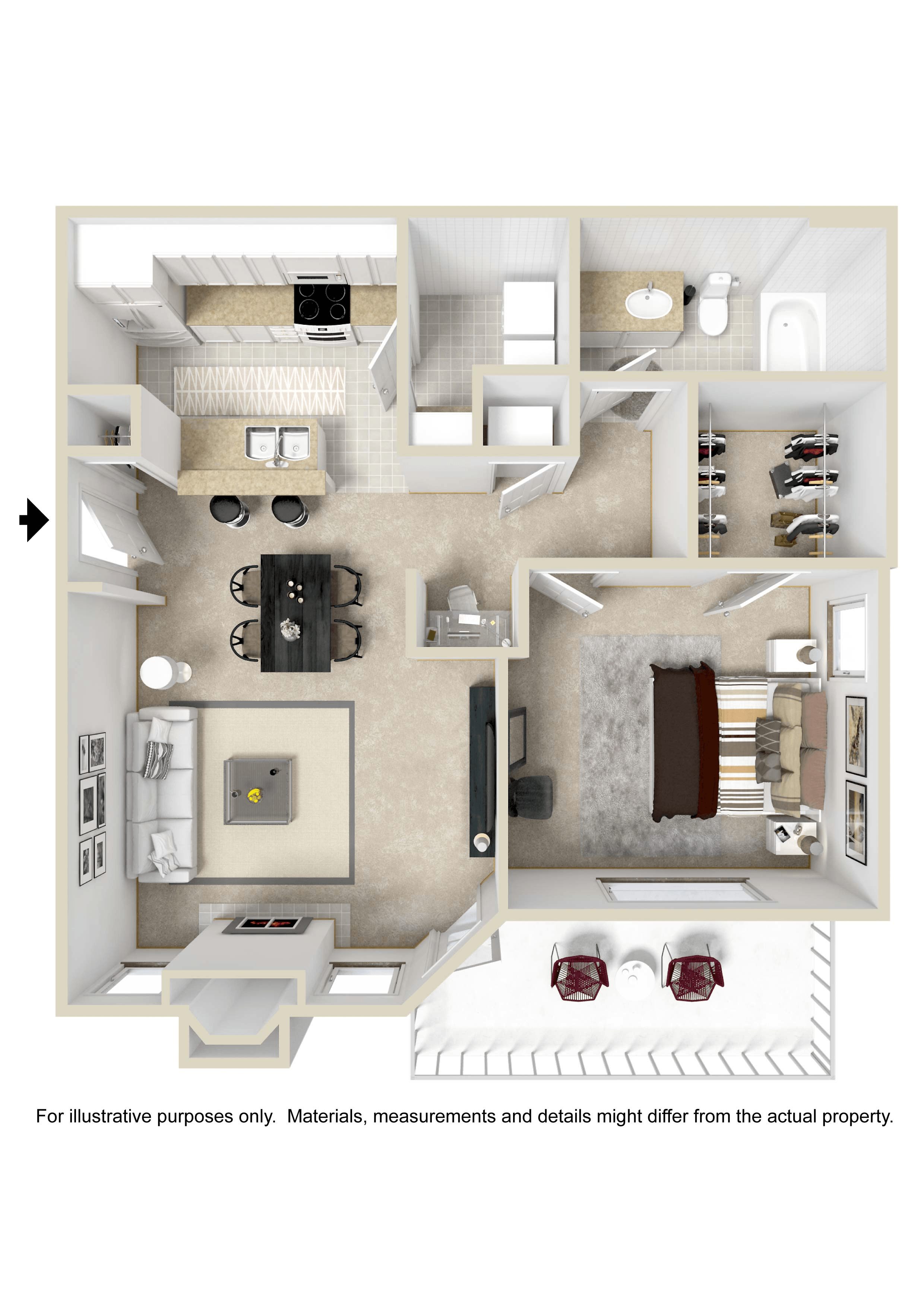 Floor plan for 1 bed, 1 bath, 754 sqft